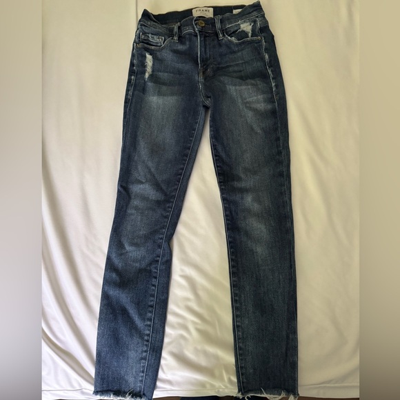 FRAME Le Skinny de Jeanne Womens Jeans Distressed Raw Hem Size 25 - Picture 1 of 9